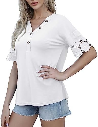 Women's Summer Casual Lace Short Sleeve Buttons Top V-Neck Loose Shirts Blouses