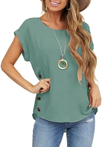 Women's Short Sleeve Tops Crew Neck Side Button Shirts Casual Loose Fit T-Shirt