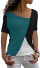 Womens Summer Tops Short Sleeve Casual Shirts Asymmetric Neck Color Block Tunic