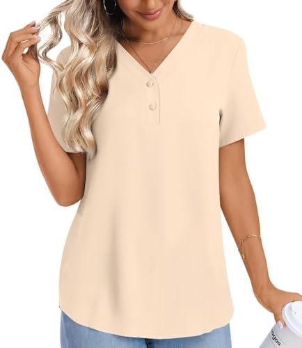 Women's Summer Blouse Casual Short Sleeve Tops Vneck Button Chiffon Business Tunics Tshirts