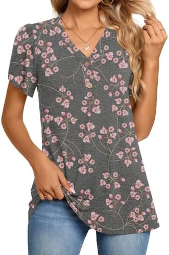 Womens Tunic Tops Button Up T-Shirts Petal Sleeve V-Neck Casual Blouses