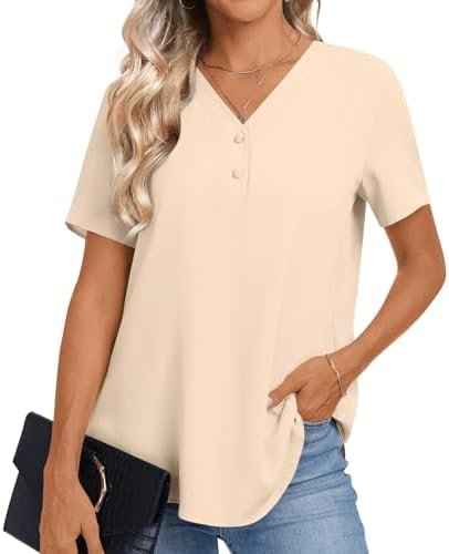 Women's Summer Blouse Casual Short Sleeve Tops Vneck Button Chiffon Business Tunics Tshirts