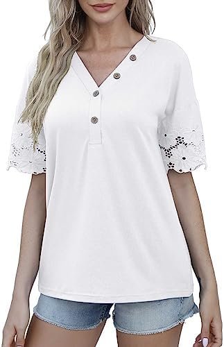 Women's Summer Casual Lace Short Sleeve Buttons Top V-Neck Loose Shirts Blouses