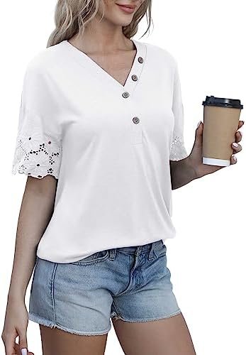 Women's Summer Casual Lace Short Sleeve Buttons Top V-Neck Loose Shirts Blouses