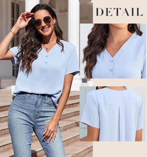 Women's Summer Blouse Casual Short Sleeve Tops Vneck Button Chiffon Business Tunics Tshirts