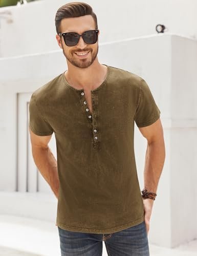 Mens Distressed Shirts Retro Short Sleeve Tee Shirts Casual Button Down Washed T-Shirts for Men