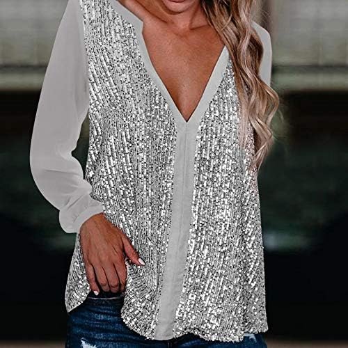 Navel Sexy Fold Tops Casual Color V-Neck Blouse Womens Long Sleeve Sequin Women's Blouse Lady Fashion Tops