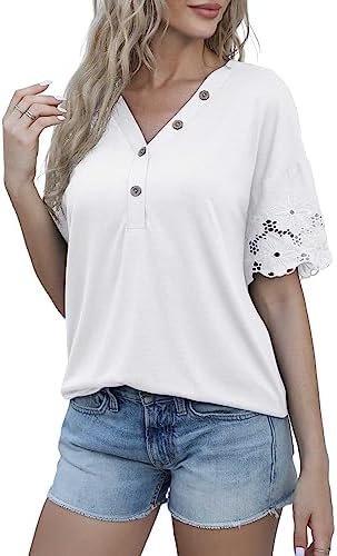 Women's Summer Casual Lace Short Sleeve Buttons Top V-Neck Loose Shirts Blouses