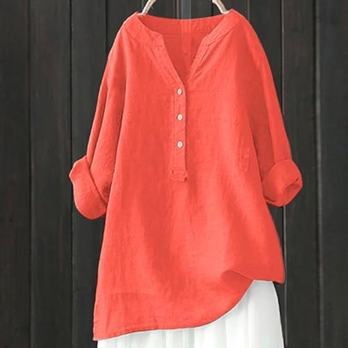 Solid Button Down Blouse for Women 3/4 Sleeve V Neck T-Shirt Cotton Linen Oversized Loose Top Travel Fall Outfits