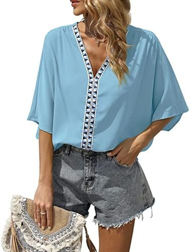 Women Short Sleeve V Neck Soft Chiffon Blouse