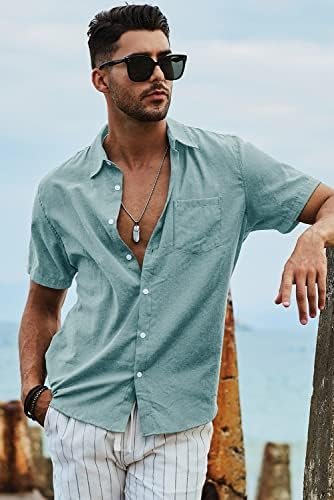 Men's Casual Stylish Short Sleeve Button-Up Striped Dress Shirts Cotton Beach Shirt