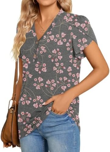 Womens Tunic Tops Button Up T-Shirts Petal Sleeve V-Neck Casual Blouses